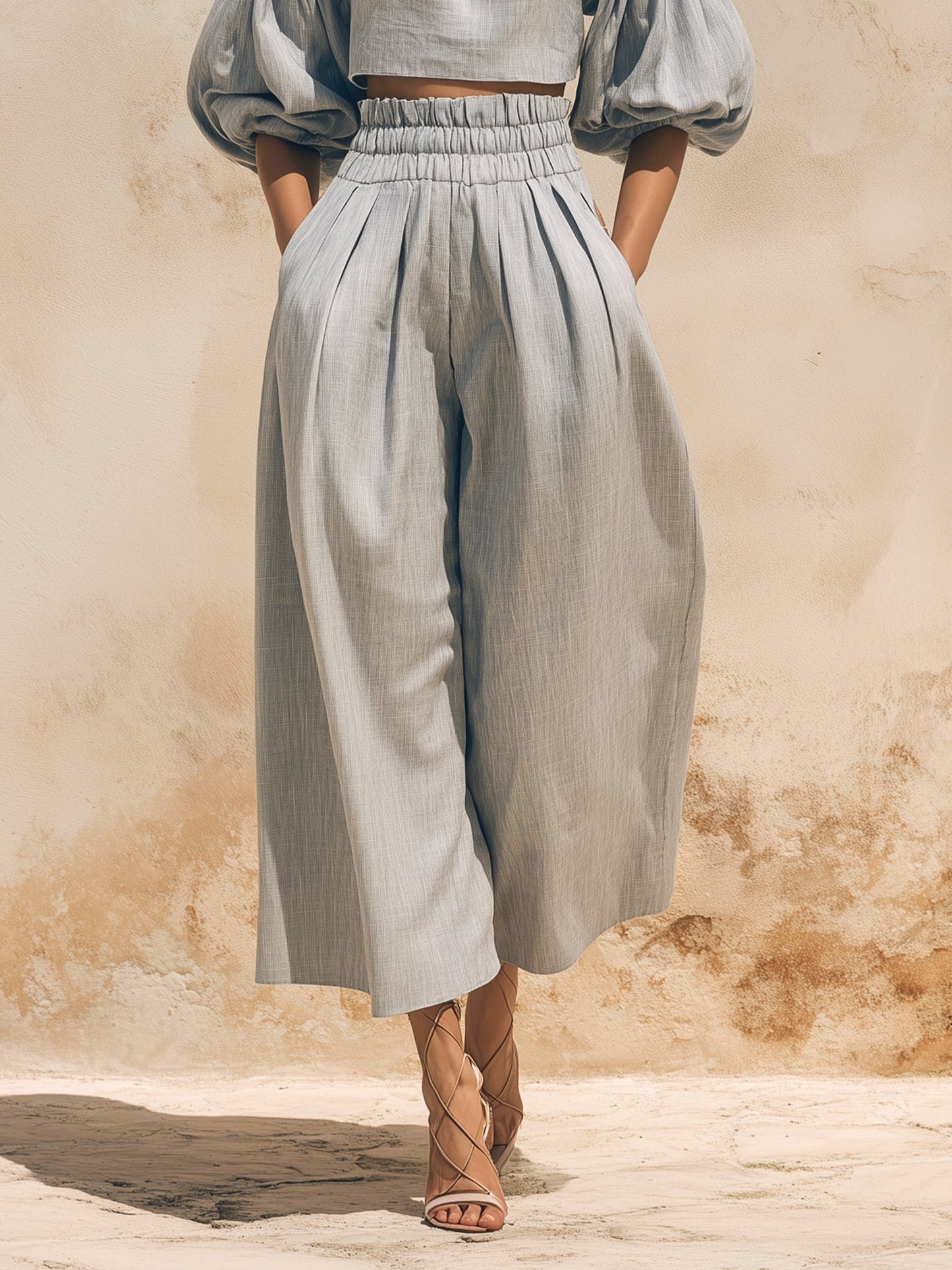 Off-the-Shoulder Puff Sleeve Linen Two-Piece Set