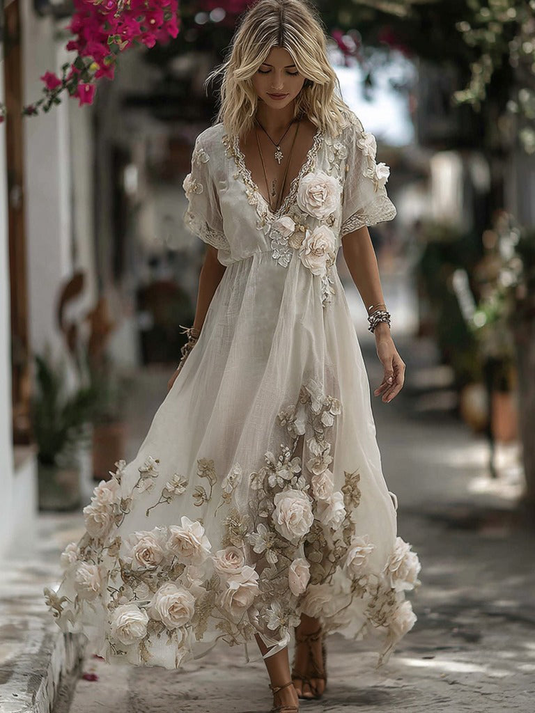 Women's Vintage Floral Embroidery Art Comfy Linen Maxi Dress