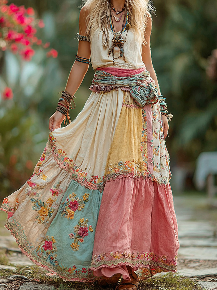 Women's Vintage Bohemian Floral Embroidery Skirt