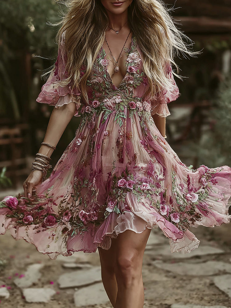 Women's Vintage Rose Floral Embroidery Casual Short Sleeve Dress