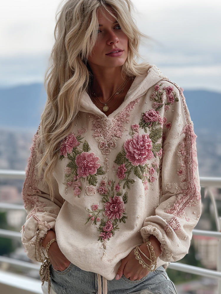 Vintage Pink Rose Embroidery Art Hooded Sweater