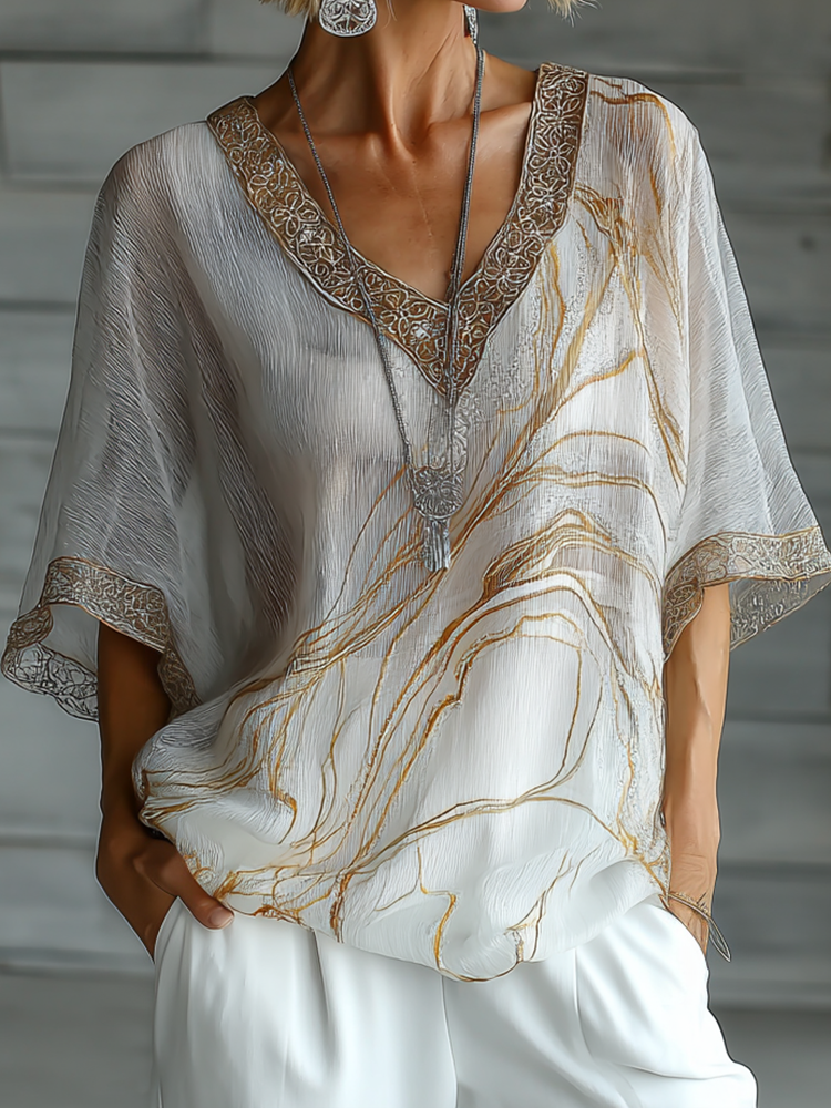 Vintage Marble Texture Collection Bohemia Style Gradient Gilded Pattern Linen V Neck Women‘s T-shirt