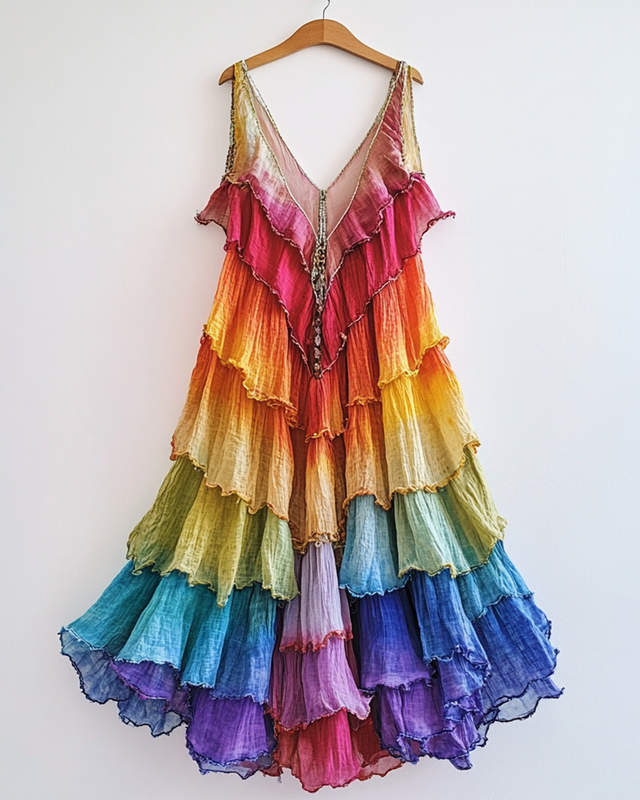 Summer Rainbow Gradient Linen Ruffle Dress f036