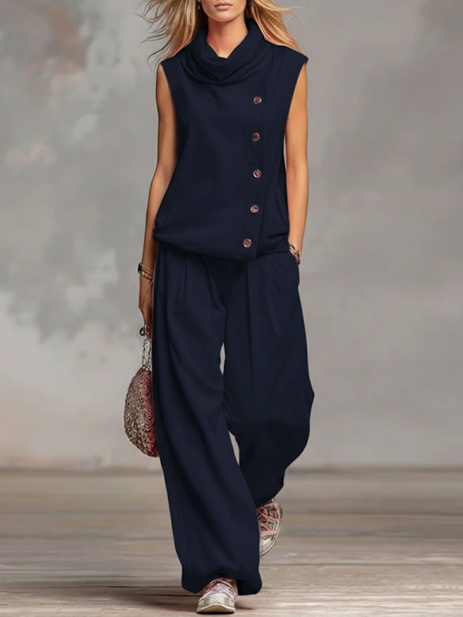 Women's Solid Color Stand-collar Sleeveless Casual Loose Cotton Top And High-waisted Loose Wide-leg Pants Set.