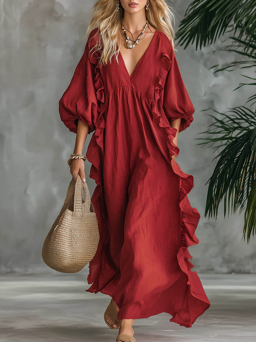 Women's Solid Color V-neck 3/4 Sleeve Casual Loose Cotton And Linen Dress