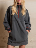 Retro-style Stand-collar Zippered Gray Denim Long-sleeved Mini Dress