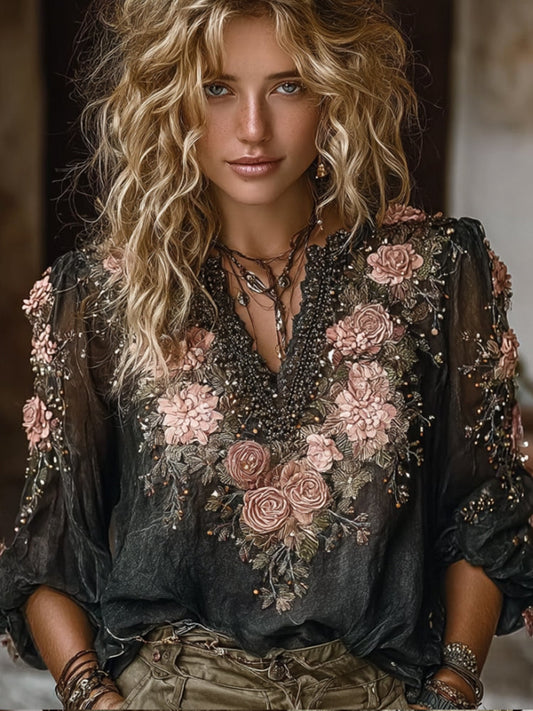 Bohemian Style Pink Rose Black Casual V-neck Long Sleeved Top