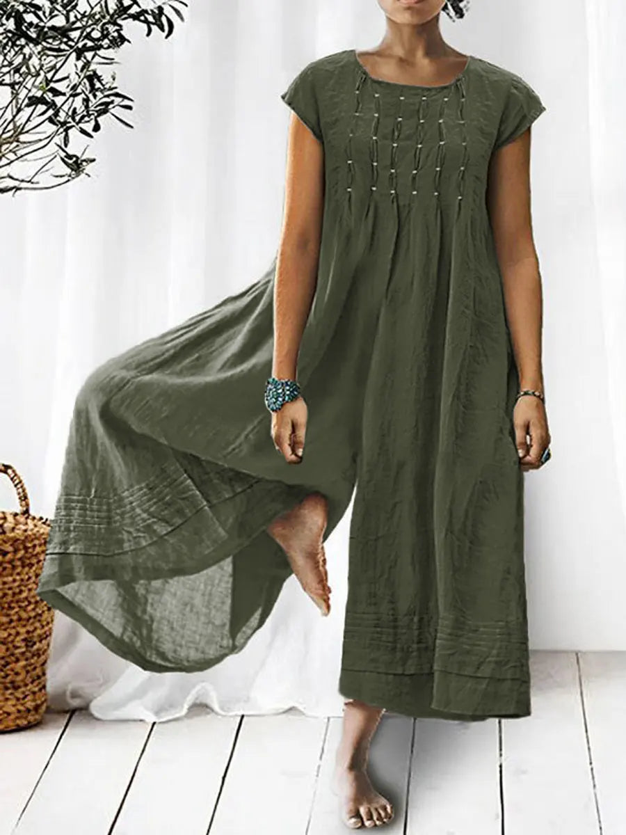 Women's Solid Color Art Casual Short Sleeve Cotton Linen Jumpsuit