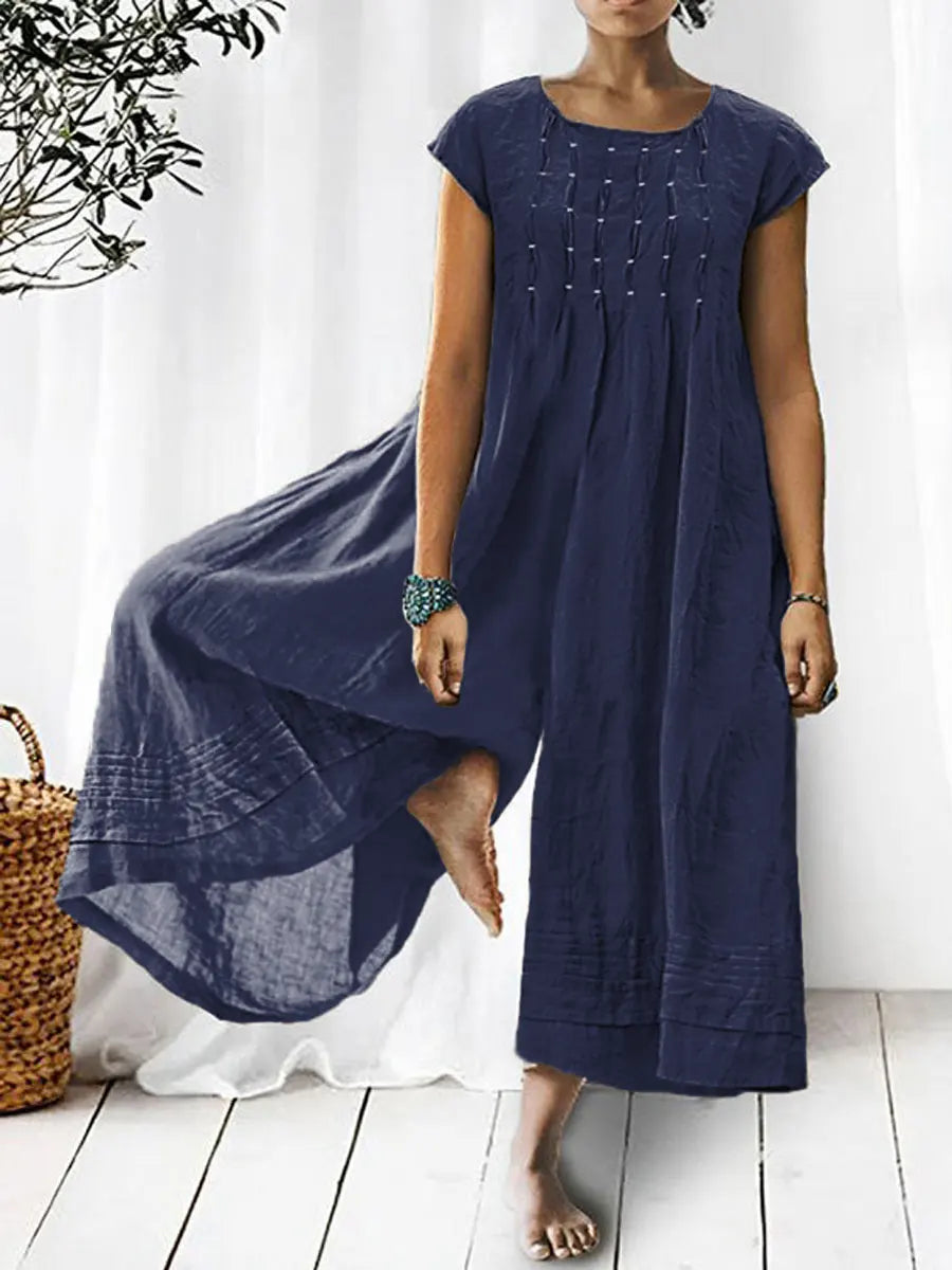 Women's Solid Color Art Casual Short Sleeve Cotton Linen Jumpsuit