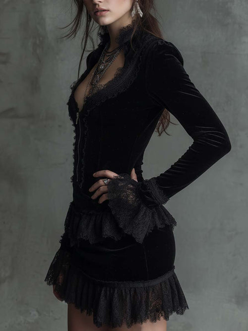 Black Velvet Mini Dress With Lace Trim