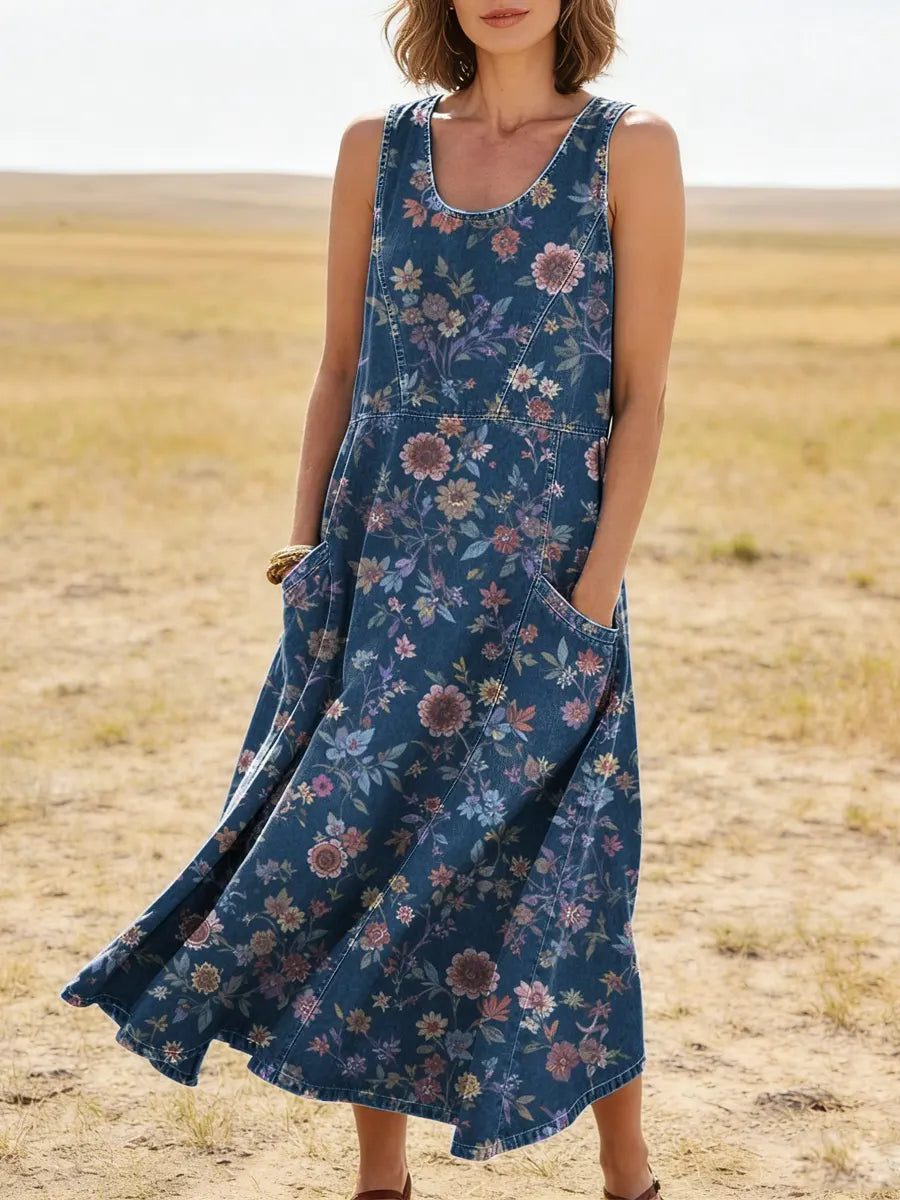 Women's Vintage Floral Pattern Art Print Casual Cotton Denim Dress