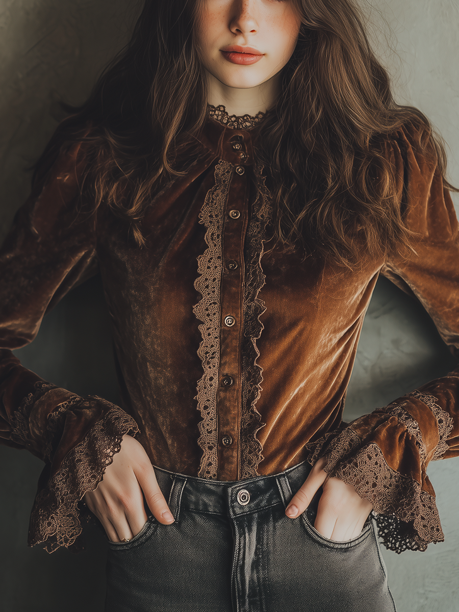Vintage Lace Cuffs Poly Velvet Blouse