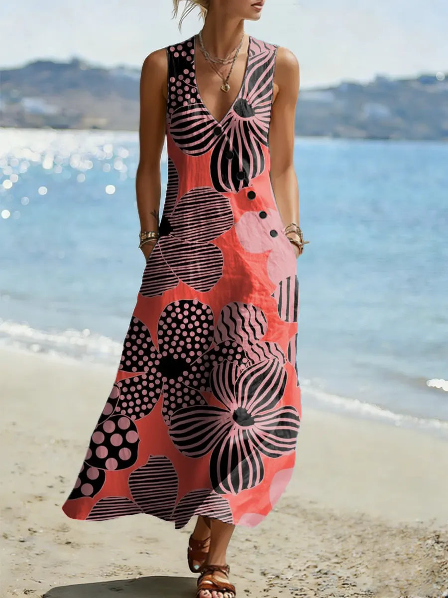 Women's Floral Pattern Art Print Casual Cotton Linen Dress