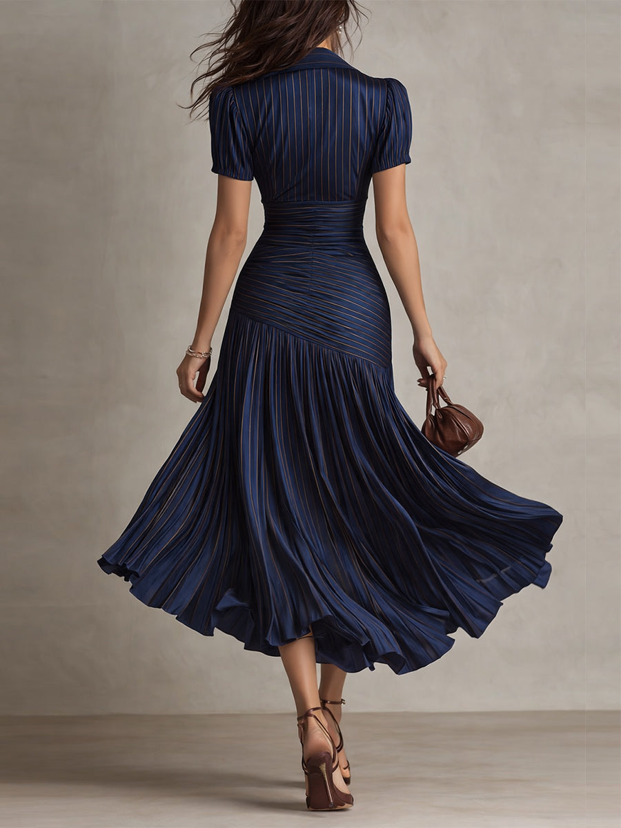 Retro Striped Satin Pleated Bodycon Midi Dress