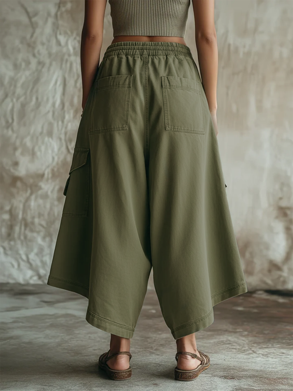 Olive Green Washed Denim Utility Wide-Leg Culottes