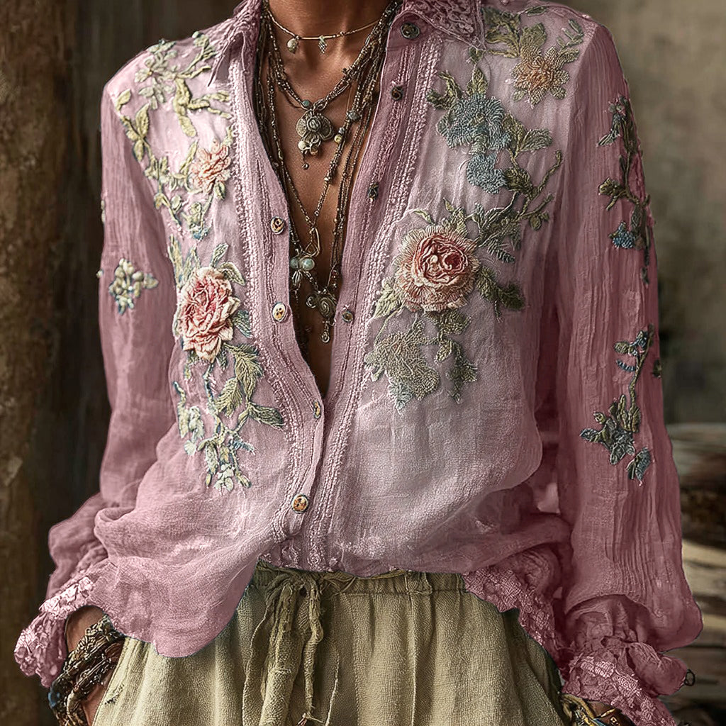Women's Vintage Bohemian Floral Pattern Linen Long Sleeve Shirt