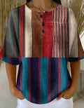 Women's Retro Multicolor Gradient Patchwork Abstraction Patterns Art Print Casual Waffle Cotton Shirt