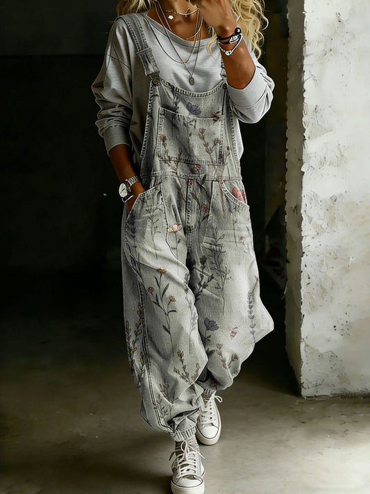 Women’s Wild Flower Print Casual One Piece Denim Jumpsuit