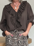 Romantic V-neck Ruffled Linen-cotton Blouse