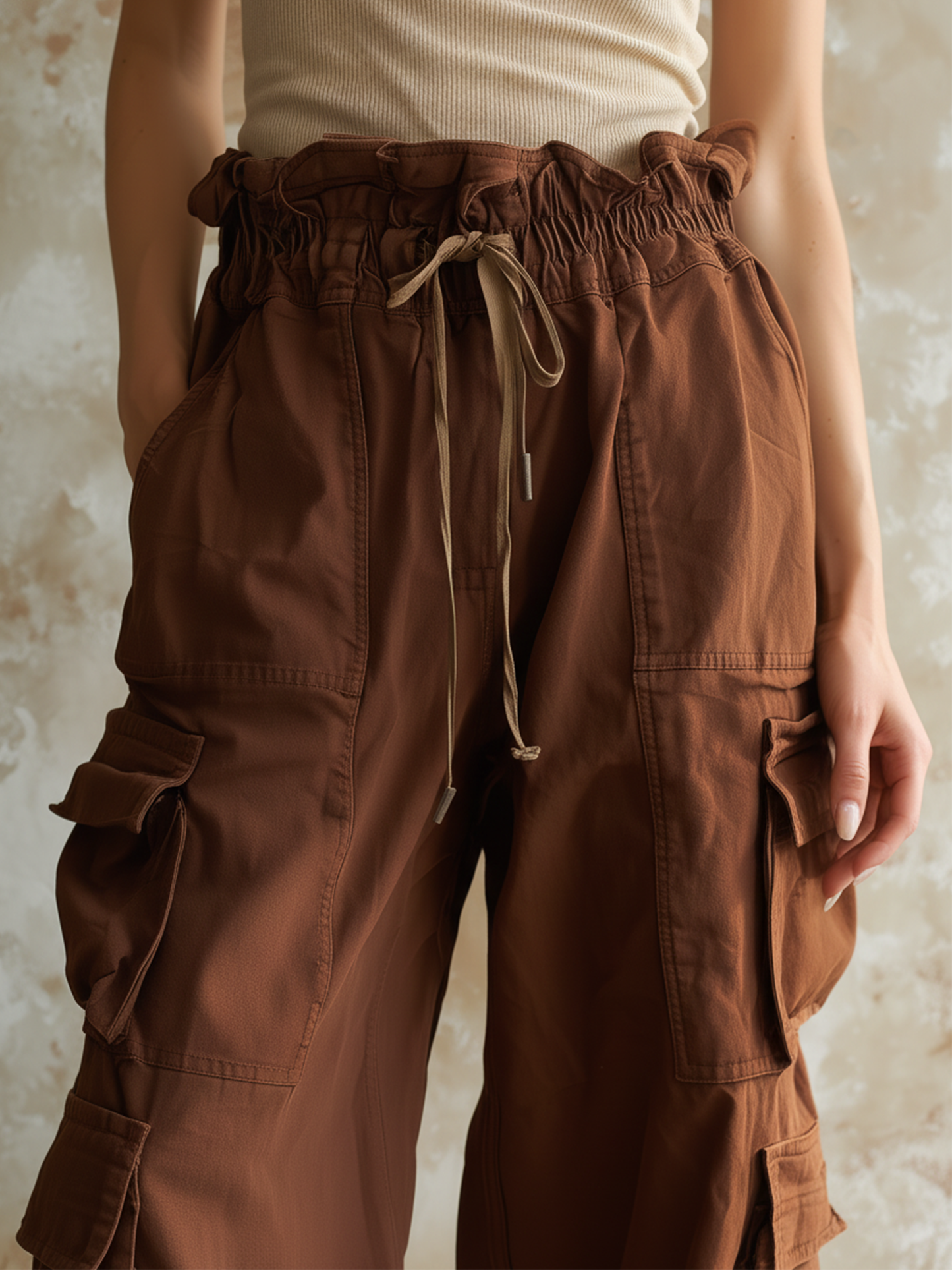 Brown High Waist Wide Leg Cargo Pants