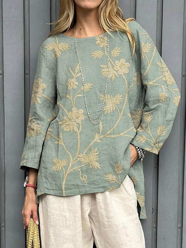 Women's Retro Floral Art Print Casual Cotton Casual Blouse