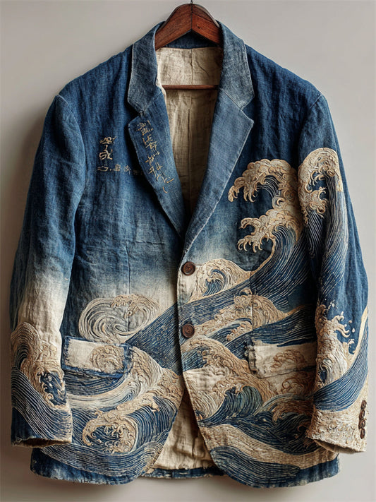 Men's Japanese Sea Waves Gradient Washed Casual Blazer