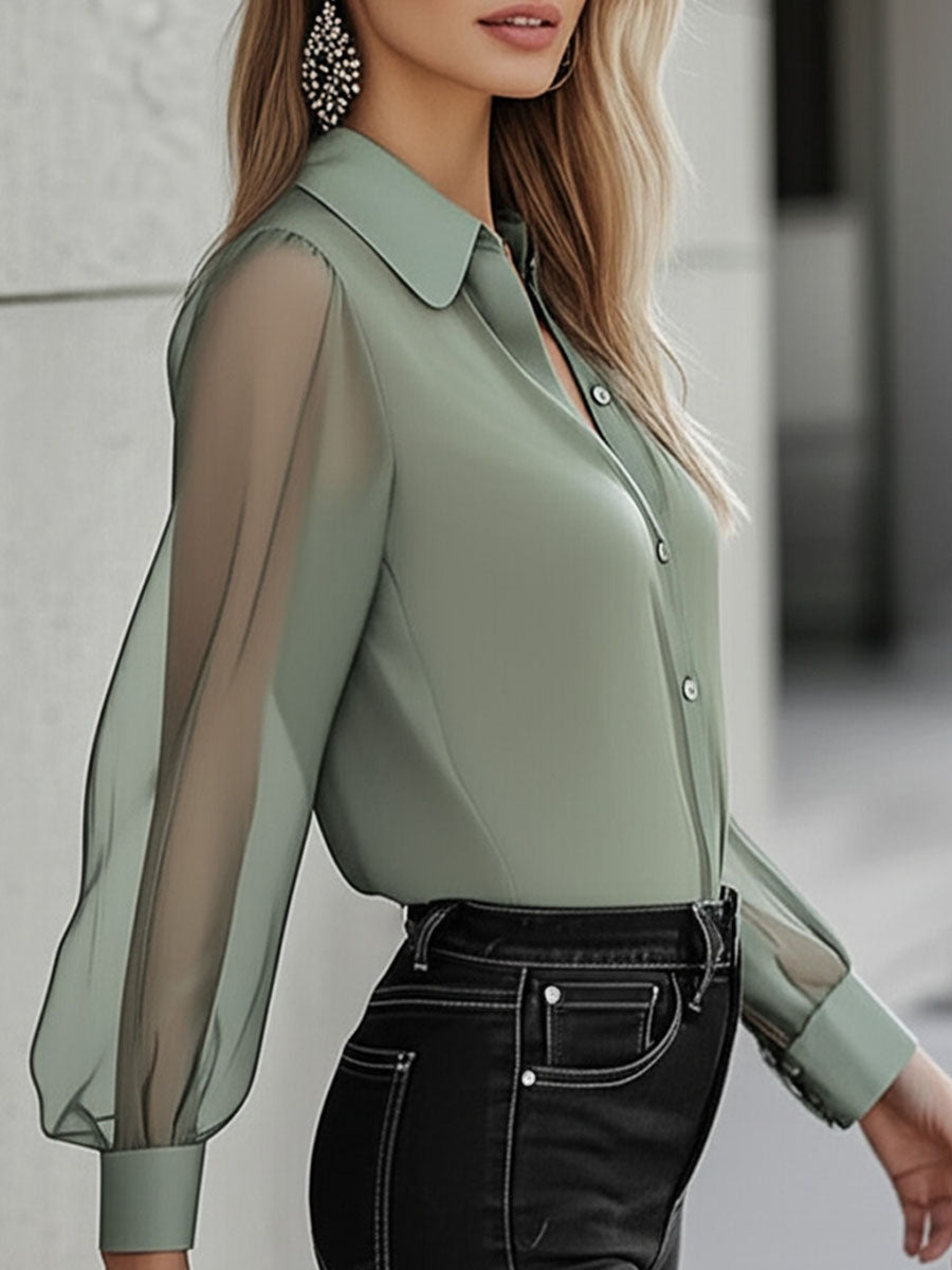 (sale)Chic Timeless Sheer Sleeve Button-Up Shirt
