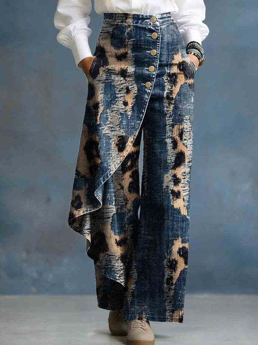 Women's Leopard Print Gradient Art Stylish Design High-waisted Relaxed Fit Wide-leg Jeans