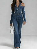Women's Lapel Long-sleeved Casual Slim-fit Denim Jumpsuit