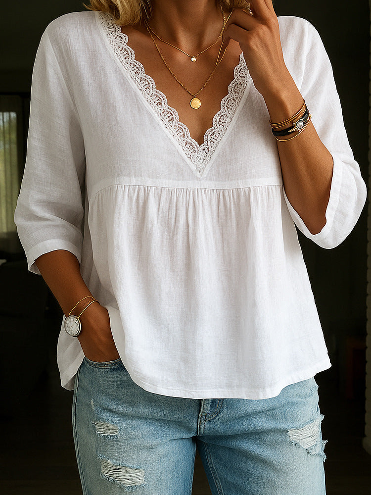Women's Three-quarter Sleeve Lace V-neck Blouse