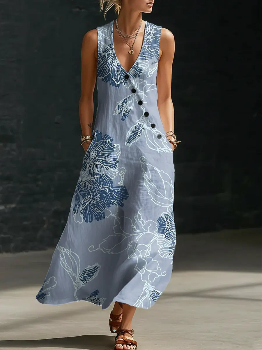 Women's Floral Pattern Art Print Casual Cotton Linen Dress