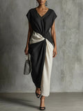 Comfortable V-neck Color-block Spliced dress