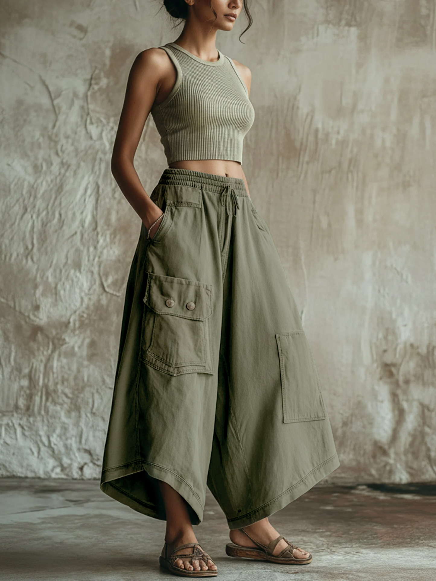 Olive Green Washed Denim Utility Wide-Leg Culottes