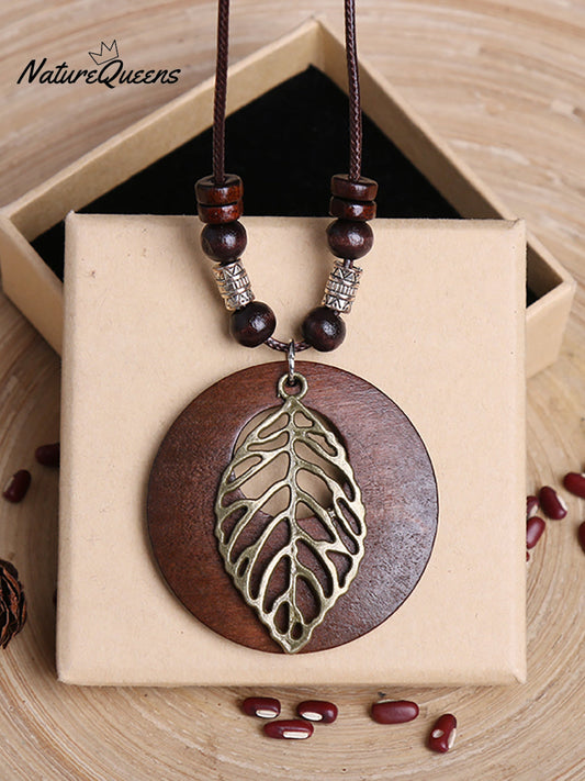 Vintage Alloy Leaf Wooden Pandent Necklace