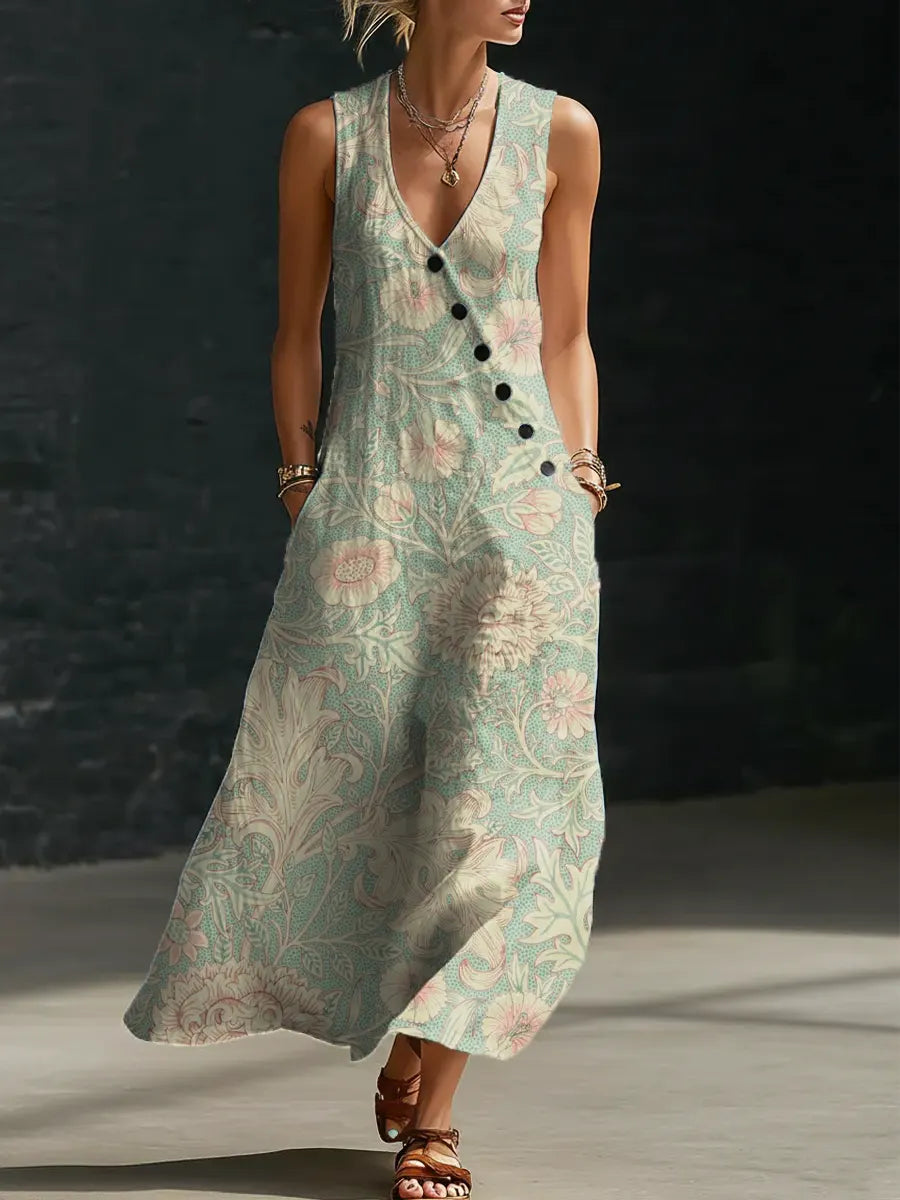 Women's Floral Pattern Art Print Casual Cotton Linen Dress