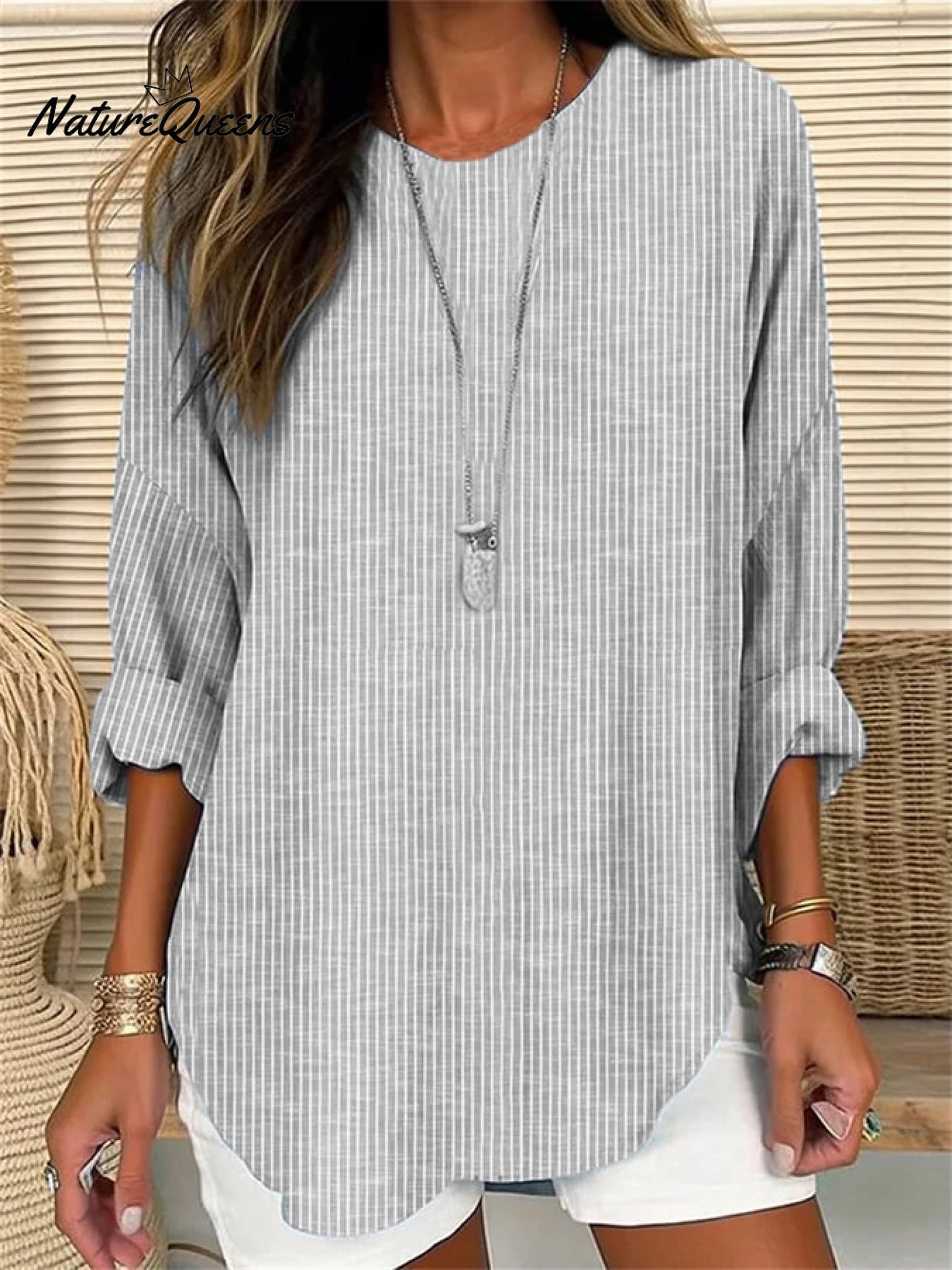 Women's Retro Striped Design Loose Long Sleeve Crew Neck Top