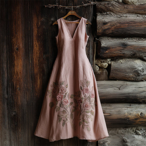 Classy Pink Roses Embroidered Linen Maxi Dress