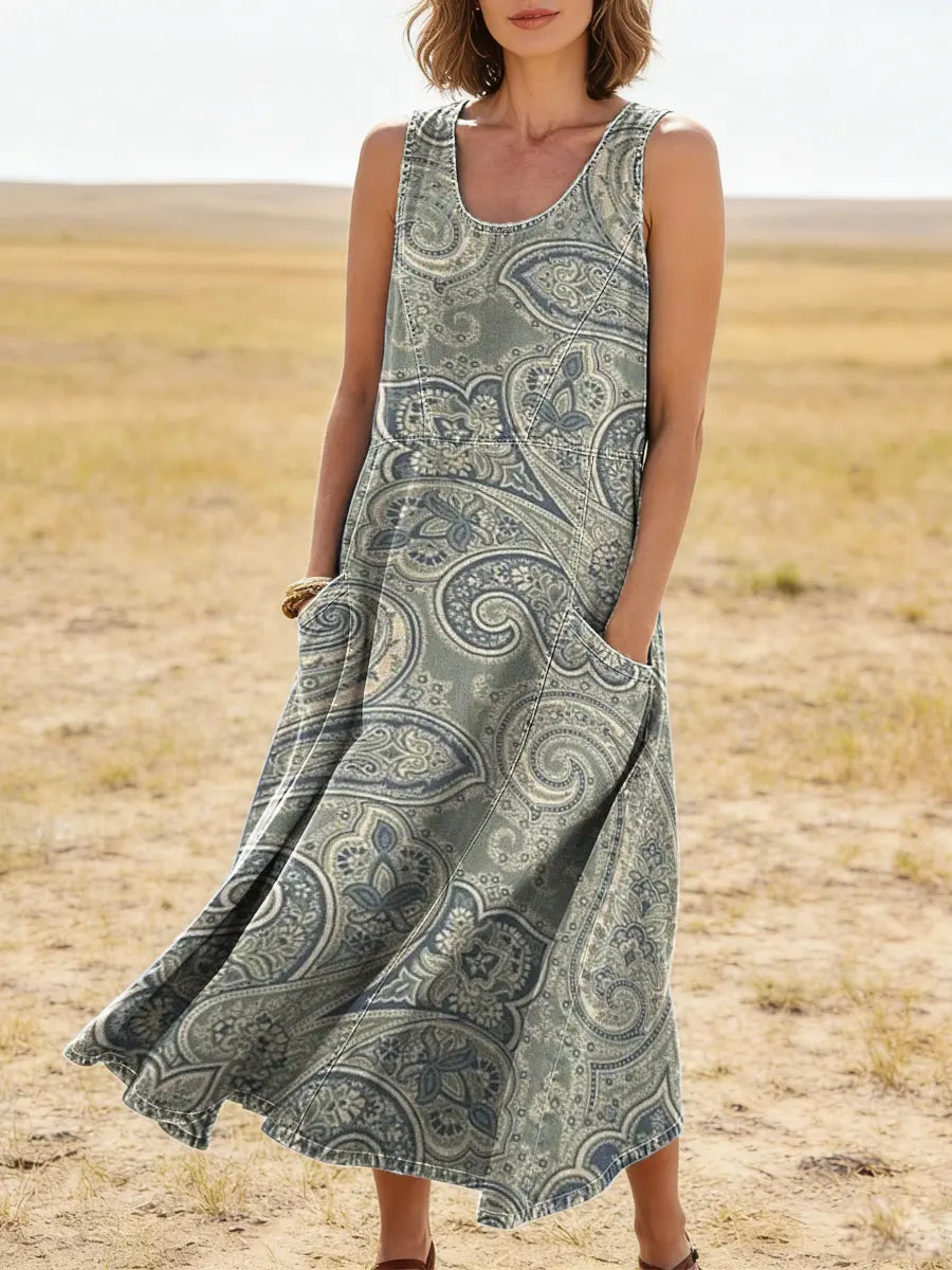 Women's Vintage Pattern Art Print Casual Cotton Denim Dress