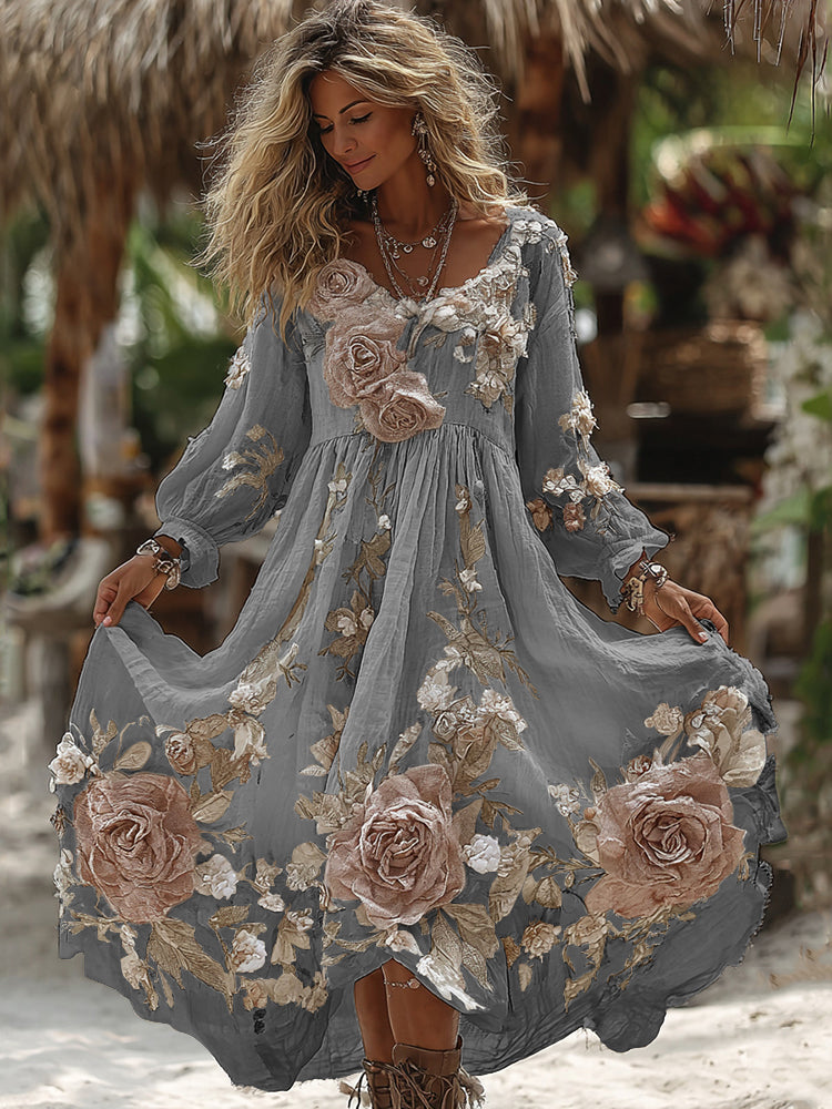 Women's Vintage Romantic White Rose Embroidery Art Comfy Linen Maxi Dress