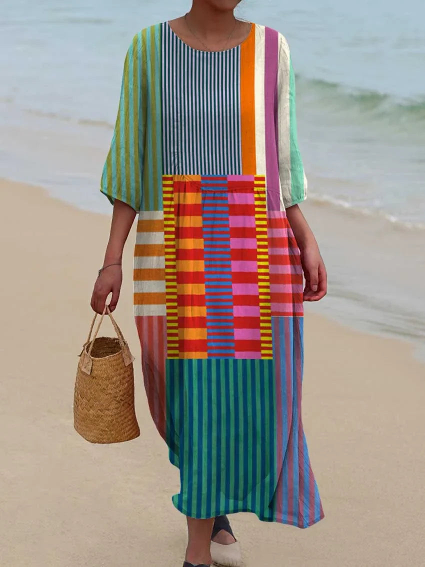 Women’s Colorful Patchwork Striped Cotton Linen 3/4 Sleeve Shirt