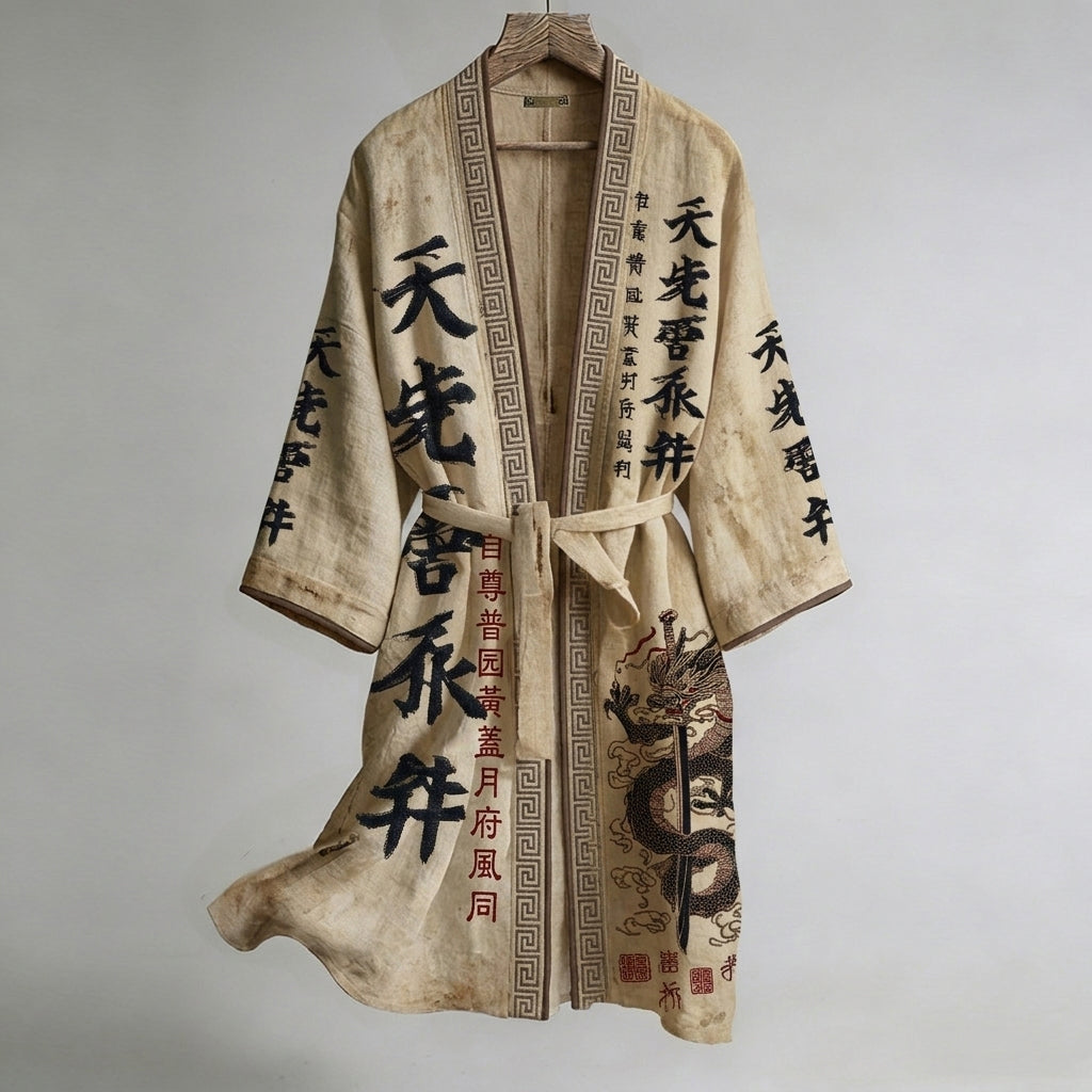Retro Japanese Dragon Sword And Calligraphy Art Pattern Linen Blend Kimono