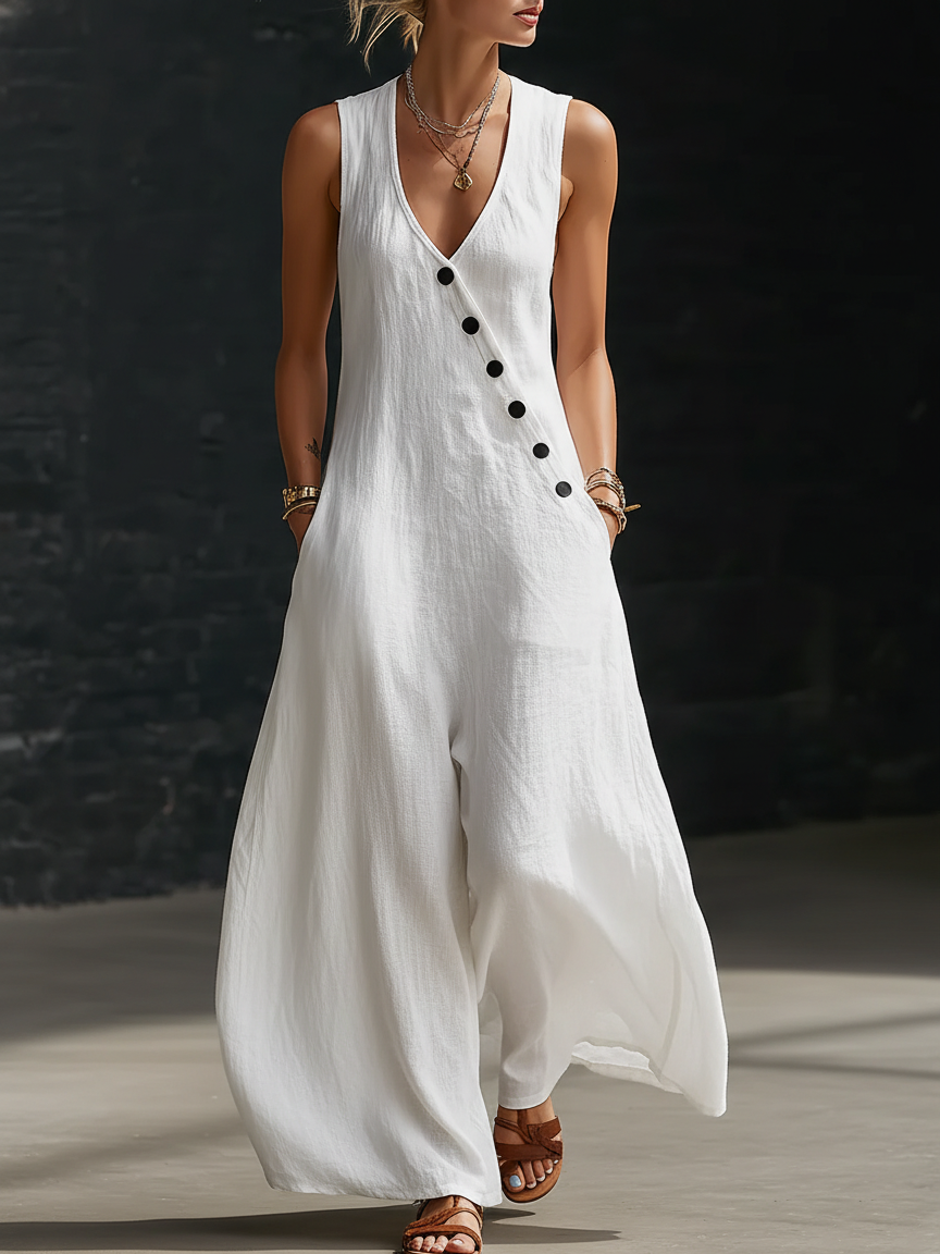 Minimalist Cozy V-neck Button-up Linen Jumpsuit