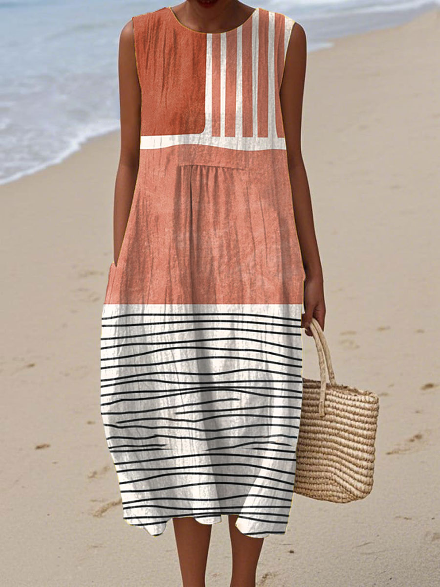 Women's Vintage Abstract Geometry Art Print Sleeveless Cotton Pocket Wrap Dress