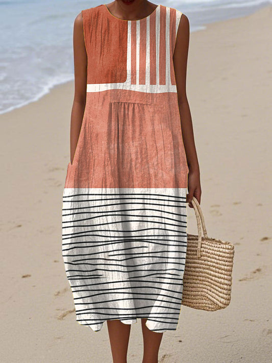 Women's Vintage Abstract Geometry Art Print Sleeveless Cotton Pocket Wrap Dress