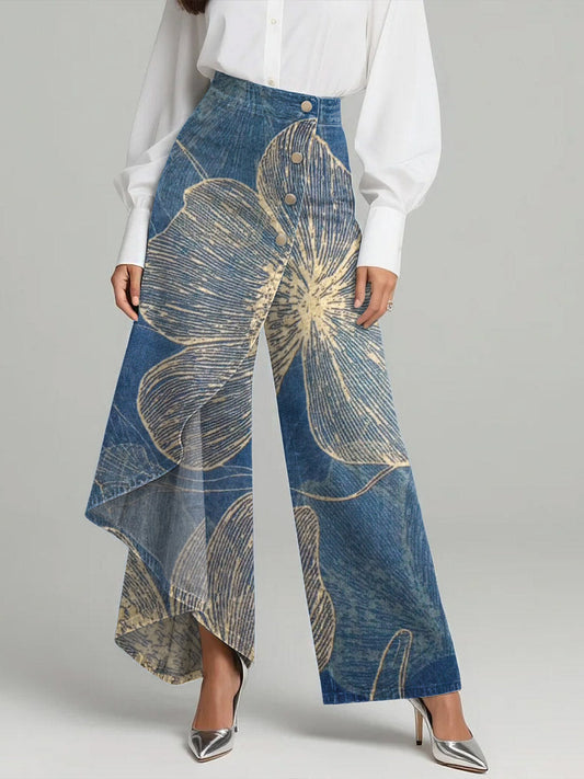 Women's Vintage Flower Patterns Print High-waisted Relaxed Fit Wide-leg Jeans With A Stylish Design