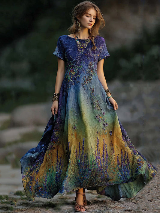 Women's Vintage Lavender Embroidered Sequin Gradient Flowing Linen Maxi Dress