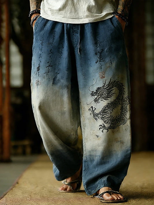 Japanese Style Dragon Totem And Sea Wave Linen Trousers