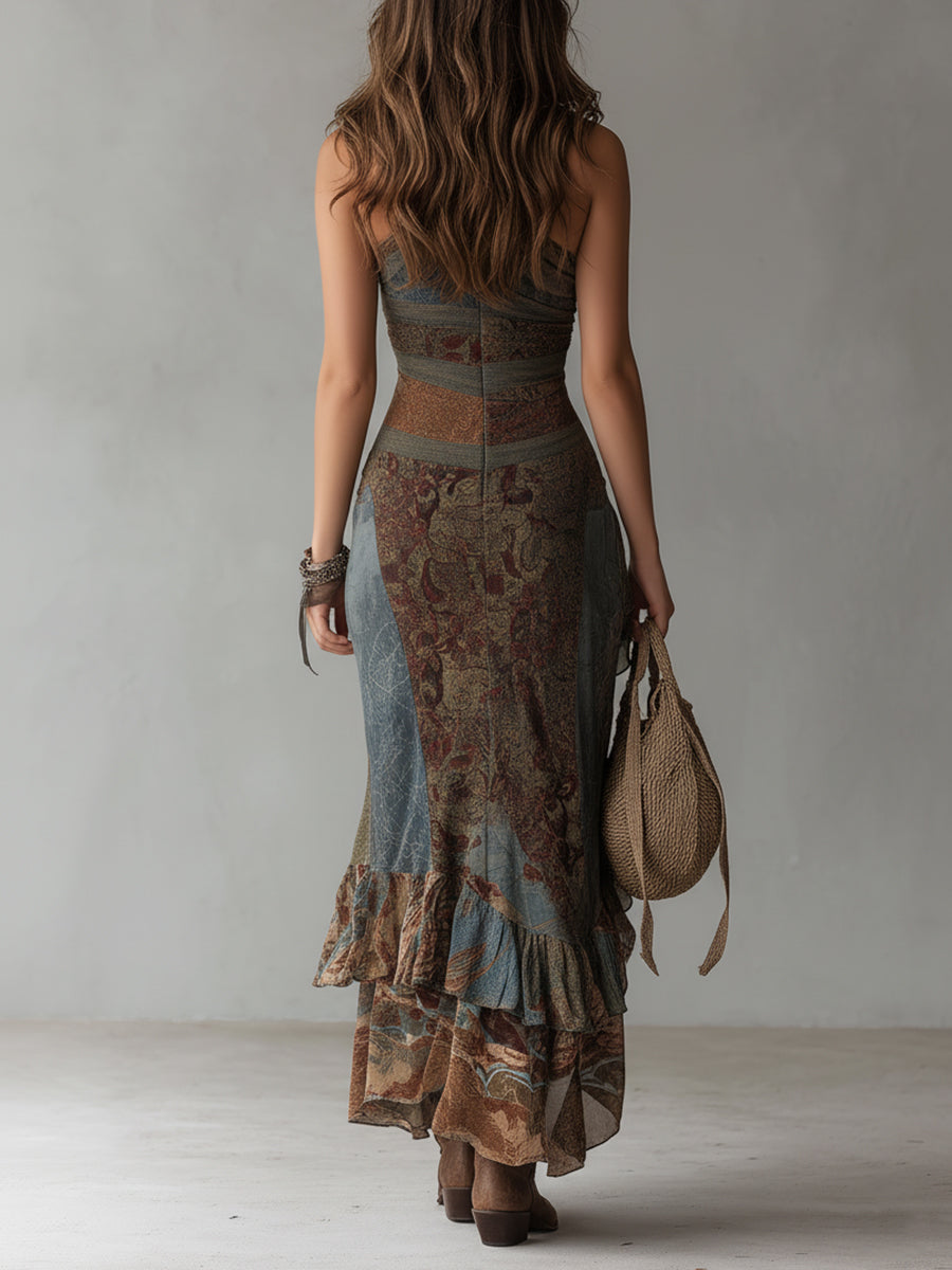 Retro Ethnic Style Printed One-shoulder High Slit Maxi Dress