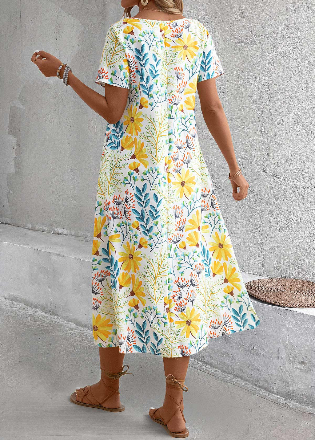 Yellow Pocket Floral Print A Line Short Sleeve Dress