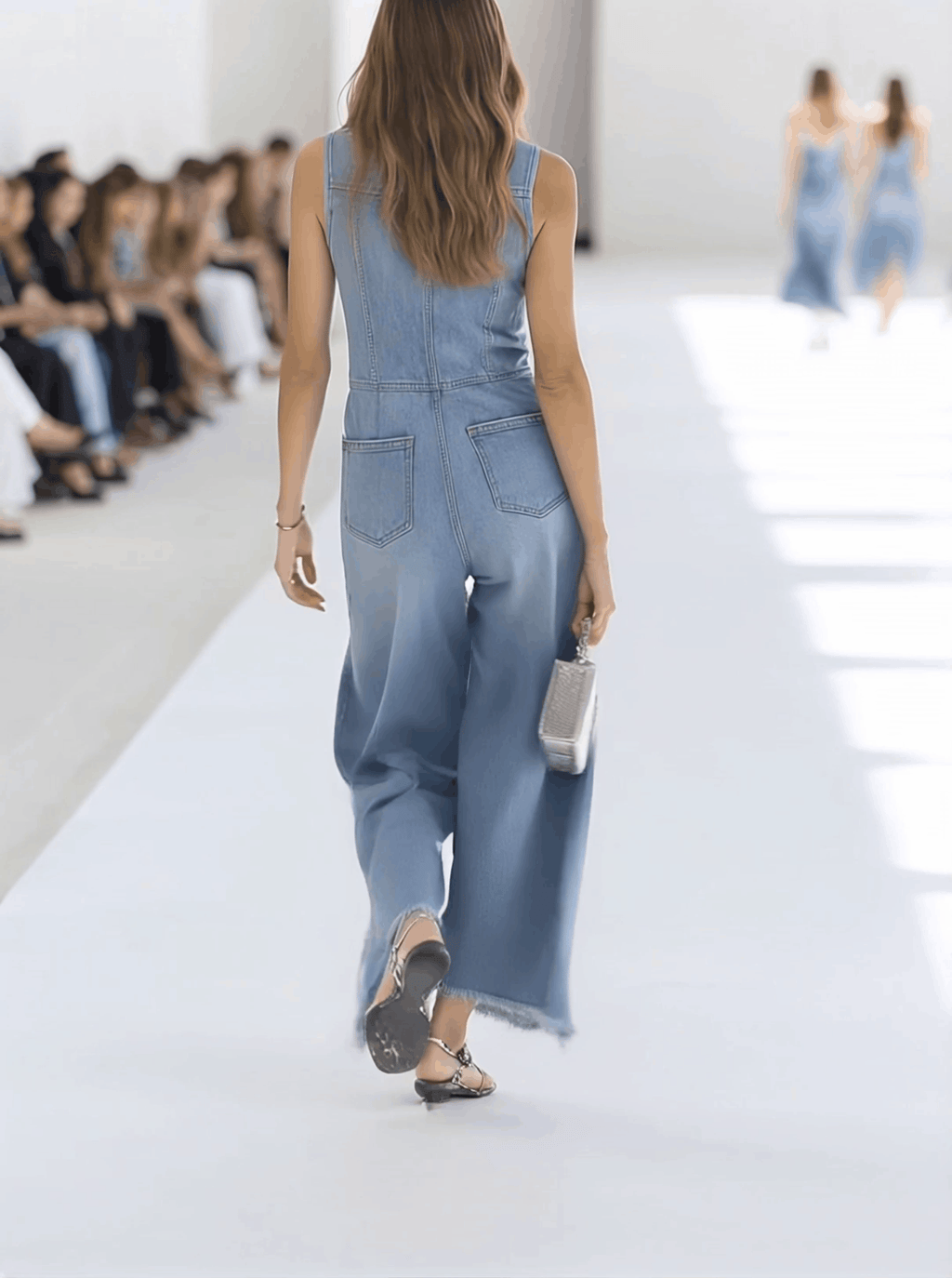 Western Retro Light Blue Denim Sleeveless Raw Edge Wide Leg Zipper Jumpsuit